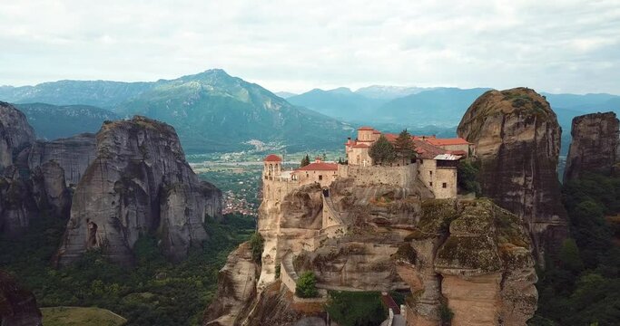 4K Aerial View Of The Mountains And Meteora Monasteries In Greece