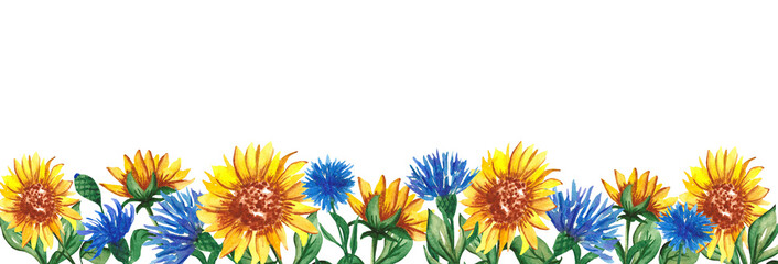 Background with watercolor sunflowers and cornflowers in loose style. For your design postcads. posters and banners.