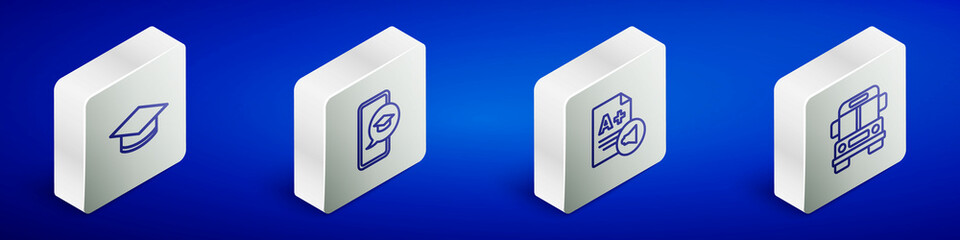 Set Isometric line Graduation cap, mobile, Exam sheet with A plus grade and School Bus icon. Vector