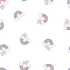 Rainbow and clouds. Cartoon print. Seamless vector pattern (background). 