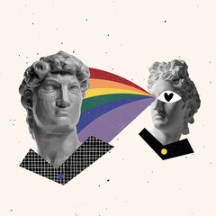 Contemporary art collage with two antique statue heads in a surreal style