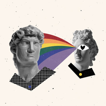 Fototapeta Contemporary art collage with two antique statue heads in a surreal style