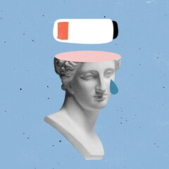 Creative design. Contemporary art collage of female antique statue head with low battery above...