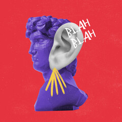 Contemporary art collage. Creative design of antique statue bust gian ear in a surreal style.