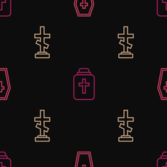 Obraz premium Set line Coffin with cross, Grave and Funeral urn on seamless pattern. Vector