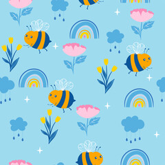 Seamless pattern with cute bees, rainbows, clouds, flowers. Vector graphics.