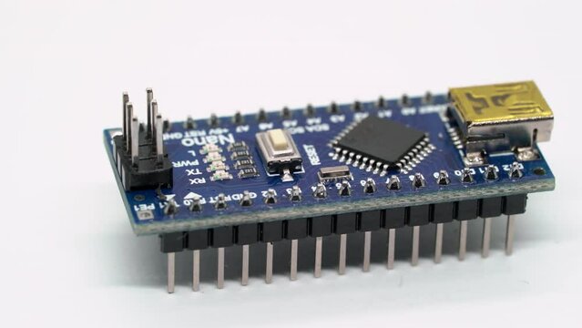 Arduino nano electronic component. Small single board computer, device for study