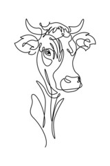 Cow head in continuous line art drawing style. Horned cow portrait black linear sketch isolated on white background. Vector illustration