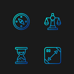 Set line Diagonal measuring, Old hourglass with sand, Compass and Scales of justice. Gradient color icons. Vector