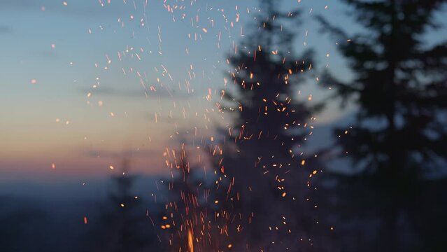 Bright sparks fly from the fire and float in the air. Bonfire, wild camping, hiking. Mountains, trees and sunset sky on the background. Slow motion, 4K
