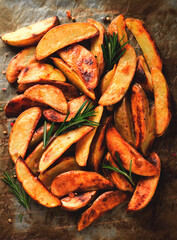 Fried potato slices , homemade , on parchment,burned , top view, close-up,