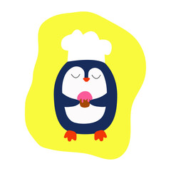Vector illustration depicting a penguin in a white baking cap holding a cupcake with pink icing.