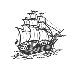 Ship, sailboat. Black and white illustration.