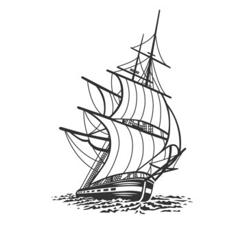 recommend clip art: Ship, sailboat. Black and white illustration.