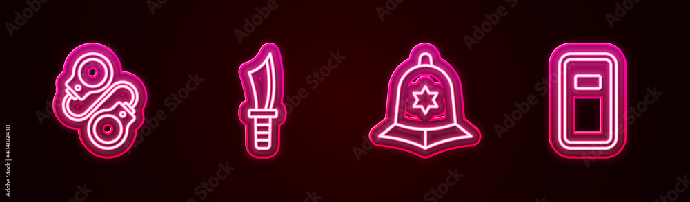 Canvas Prints set line handcuffs, military knife, british police helmet and police assault shield. glowing neon ic