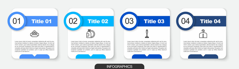 Set line Wet wipe pack, Dishwashing liquid bottle, Vacuum cleaner and Hanger wardrobe. Business infographic template. Vector