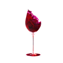 Creative artwork. Red wine texture made of red dye, liquid with drops and splashes. One wine glass isolated on white background. Concept of drinks, taste, holidays, festivals
