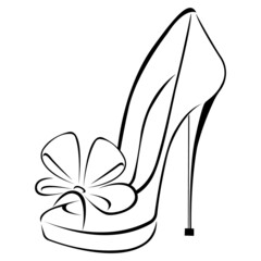 Women`s fashionable decorative high-heeled shoes with a bow. Shoes with an open toe. Sketch design is suitable for icons, shoe stores, exhibitions, logos, tattoos, stickers, prints. Isolated vector - obrazy, fototapety, plakaty