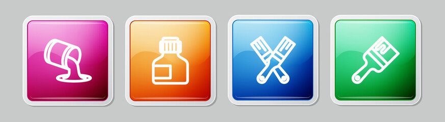 Set line Paint bucket, Paint, gouache, jar, dye, brush and . Colorful square button. Vector