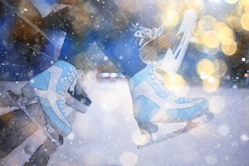 skates ice evening legs outside, abstract background winter sport