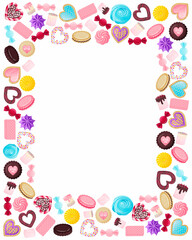 Frame with an empty circle inside made of sweets, gingerbread, marshmallows, heart-shaped lollipops with sprinkles and icing