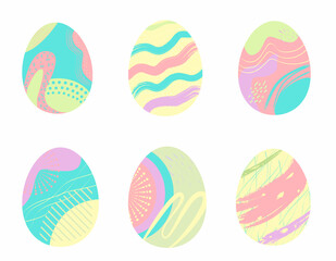 Set of simple Easter eggs with an abstract pattern in pastel colors in a flat style