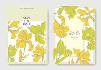 Iris floral botanical flowers. Black and white engraved ink art. Wedding background card floral decorative border.