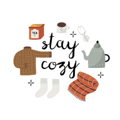 Cute hand drawn poster with comfortable cozy sweater, plaid blanket, tea and warm socks, with text lettering - Stay cozy, flat styled isolated vector illustration