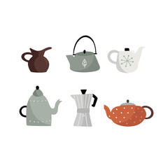 Set of hand drawn cute teapot, moka pot and a jar in cartoon flat style, isolated vector illustration
