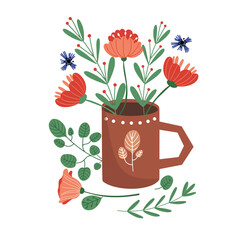 Fresh flowers in big old fashioned clay mug, hand drawn in flat style, isolated vector illustration