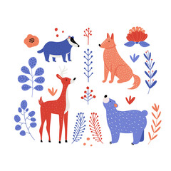 Set with Finnish style forest animals, plants and flowers, isolated on white, hand drawn vector illustration in flat design