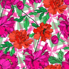 Peony floral botanical flowers. Black and white engraved ink art. Seamless background pattern.