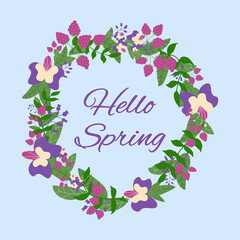 Hello Spring wreath. Card with flowers and berries.