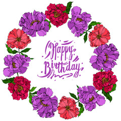 Peony floral botanical flowers. Wild spring leaf wildflower. Engraved ink art. Frame border ornament square.