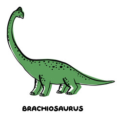 Diplodocus, brachiosaurus. Cute dinosaur doodle card. Funny Dino collection. Textile design for baby boy on white background. Cartoon monster vector illustration.