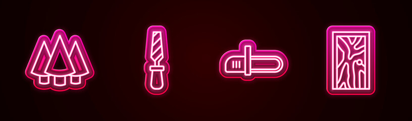 Set line Christmas tree, Rasp metal file, Chainsaw and Closed door. Glowing neon icon. Vector