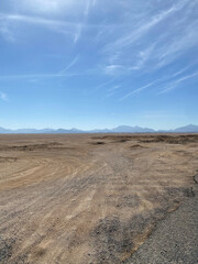 Road in the desert. Mountains on the horizon. Light clouds. Buggy tracks.
