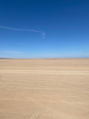 Desert landscape. Mountains on the horizon. Cloudless day. Walk in the desert.