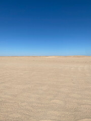 Fototapeta na wymiar Desert landscape. Mountains on the horizon. Cloudless day. Walk in the desert.