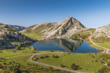 Naklejka na ściany i meble The Lakes of Covadonga located in the Picos de Europa National Park. Glacial lakes in the mountains.