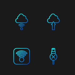 Set line No usb cable cord, Wi-Fi wireless internet, Network cloud connection and Cloud upload. Gradient color icons. Vector