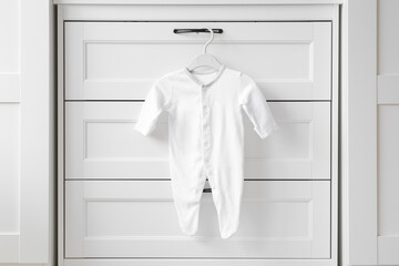 White baby bodysuit with long arms and legs hanging on hanger at drawer. Closeup. Front view. Clothes preparing for newborn. - obrazy, fototapety, plakaty
