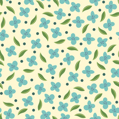 Seamless pattern of flowers and leaves, pastel colors. Vector design.