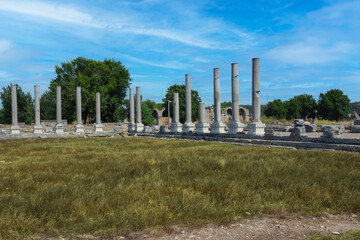 Ancient city of Perge near Antalya Turkey. Columned street and ruins.. Believed to have been built in the 12th to 13th centuries BC. Blue Sky.