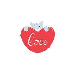 Cute kitten hiding behind the heart. Vector graphics