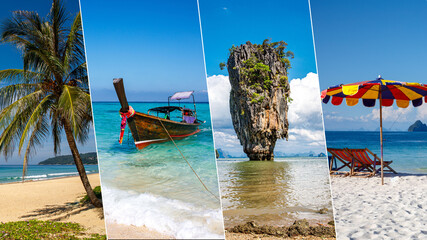 Thai travel tourism concept design - collage panorama of Thailand images set. Palm tree on white sand beach, long tail boat, James Bond island, colorful sun umbrella and chair with blue clear sea