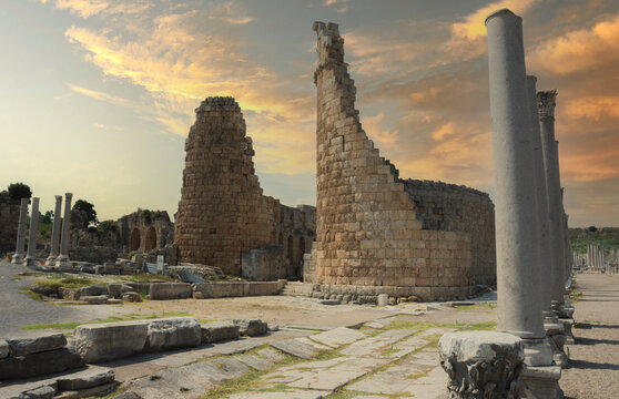 Ancient city of Perge near Antalya Turkey. The Hadrianus Arch