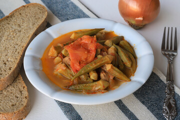 Bamya, Turkish traditional food. (Turkish cuisine) Homemade Food Okra in Plate. Organic Food.