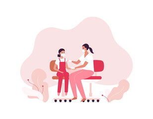 Vaccination campaign concept. Vector flat healthcare character illustration. Female pediatrician doctor make vaccine to girl patient shoulder on abstract background. People in facemask. - obrazy, fototapety, plakaty