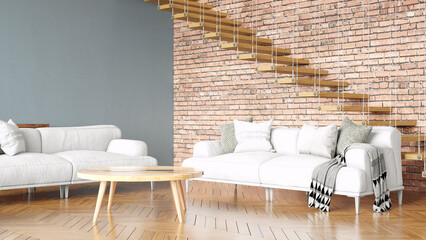 Modern stylish interior of the living room, a room with a staircase, wooden floor and a large window. 3D rendering